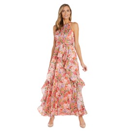 R&M Richards Women's Bright Floral Satin Peplum Halter Maxi Dress - Wedding Guest, Daytime Occasions