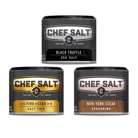 CHEF SALT Sampler Set of 3 Shaker Jars: Black Truffle 4oz, NY Steak 2.5oz, 5-Star 4oz - Variety Pack of Salts