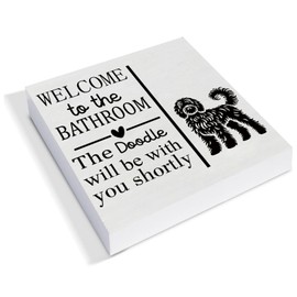 Funny Bathroom Wall Art Sign - "Welcome to the Bathroom, The Doodle Will Be With You Shortly" - Rustic Wooden Box Decor for Dog Lovers, Farmhouse Style Home Decoration, 5 x 5 Inch