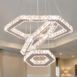 Modern Exquisite LED Crystal Chandelier Pendant Light Three Ring Switch Control Bedroom Living Room Dining Room Lighting MetalShade  color: Cool White, Design Style: Modern, Lamp Power(W): 47, Number of Lights: LED