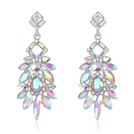 BriLove Wedding Bridal Chandelier Earrings, Art Deco Rhinestone Marquise Emerald Cut Rectangle Geometric Statement Earrings for Women Iridescent AB Silver-Tone