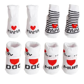 WMUVAZA Unisex Baby with Booties Socks, 4 Pairs Baby Socks 0-12 Months, New Year Gifts New Year's Eve Gifts 2024 Baby Socks Funny Baby, Love Dad Love Mum, Stopper Socks Children Baby Socks