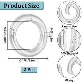 CREATCABIN 2Pcs Spring O Rings Spring Gate Rings 925 Sterling Silver Spring Snap Clip Small Clamp Clasps Round Smooth Clasp Closures Findings Connectors for Jewelry Making DIY Necklace Bracelet 12mm