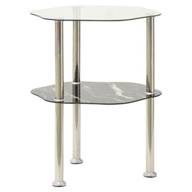 Strawberry Fairy Maximize Space with 2-Tier Side Table, Hexagon Shape, Tempered Glass and Black Marble Finish, 15" x 15" x 19.7"