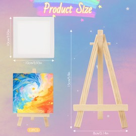 Zikenis Pack of 12 Mini Easels with Canvas, Small Canvases with Adjustable Mini Easel, 10 x 10 cm, Wooden Triangle Table Easel, for Display, Photos, Photo Albums, Posters, Memo and Children Painting