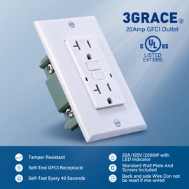 3GRACE 20 Amp GFCI Outlet, Tamper-Resistant GFI Receptacle with LED Indicator, Self-Test Ground Fault Circuit Interrupter, Decorator Wall Plates and Screws Included, UL Listed, White（2 Pack）