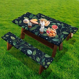 Cugasmaru Picnic Tablecloth Set Green Leaf 8 Ft Picnic Table Cover with Bench Covers 3 Piece Set Camping Gear Waterproof Stain Resistant Reusable Flannel Backing with Elastic Edges