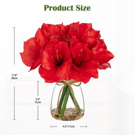 Briful Red Amaryllis Artificial Flower Arrangement 11.8" Faux Silk Amaryllis in Glass Vase with Faux Water Pebbles Fake Floral Centerpiece for Home Office Room Table Shelf Rustic Décor