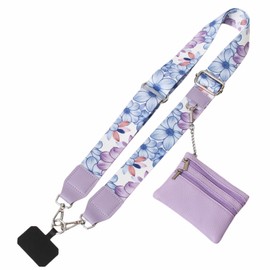 Phone Strap with Zippered Pouch, 2024 Clip and Go Strap for Phone with Wallet Crossbody, Adjustable Cross Body Phone String (Purple Floral)