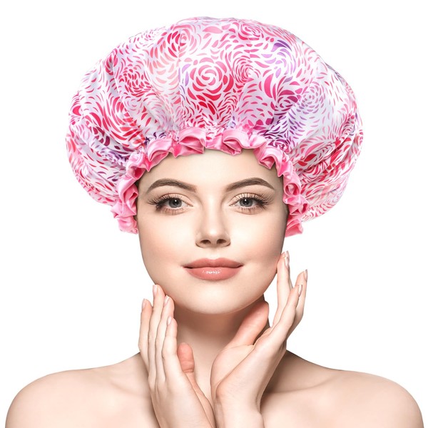 mikimini Large Shower Cap for Women Long Hair, 1 Pack,Romantic Petal Design, Double Layer Waterproof, Reusable, Washable, High-quality, Floral Print