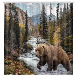 Hajmsug Forest Bear Shower Curtain, Misty Mountains Wildlife Farm Rustic National Park Jungle Rainforest Stream River Rock Natural Landscape Fabric Bathroom Decor Curtain with Hook, 60x70