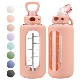 SIEROZUR 64 oz Glass Water Bottle with Straw and Handle Large Sports Motivational Water Bottle Flask with Time Marker Leakproof Water Jug with Silicone Sleeve for Gym