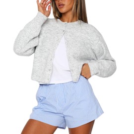 RUEWEY Women Y2k Crew Neck Button Down Long Sleeve Cropped Cardigan Knitted Sweater Light Jacket (Light Grey, S)