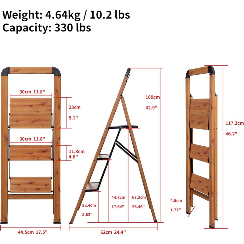 Step Ladder 3-Step Woodgrain Finish Aluminum Folding Step Ladders Wide