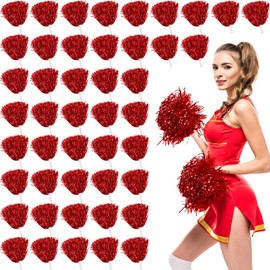 60 Pcs Cheerleading Pom Poms Metallic Foil Cheer Pompoms Bulk with Plastic Handle Cheering Costume Accessory for Football Basketball Cheering Squad Team Spirit Dance Sport Stage Performance(Red)