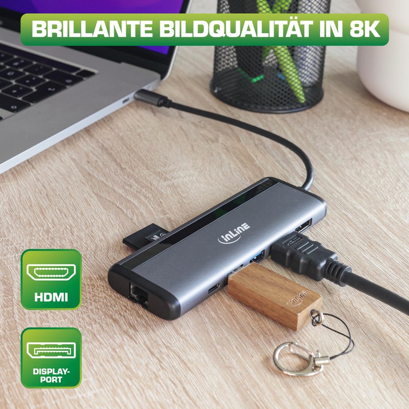 InLine 8-in-1 USB-C Multihub, Docking Station, 8K HDMI & DisplayPort,