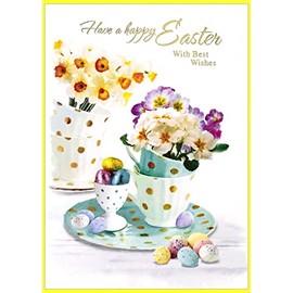Easter Greetings Card - Tea Cups Flowers and Mini Eggs with Gold Foil 7.5"x5.25"