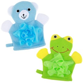 Gjinxi 2pcs Kids Bath Mitt, Loofah for Kids Washcloths Gloves Sponge Cute Animal Toddler Bath Mitt Body Scrubber for Shower Cute Design Gloves for Baby Toddler Kids Bath and Shower(Green,Blue)