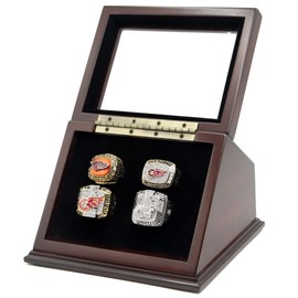 4 Slots Championship Rings Wooden Display case Shadow Box with Slanted Glass Window for Football Rings Basketball Hockey Sports Championship Rings - Rings are Not Included