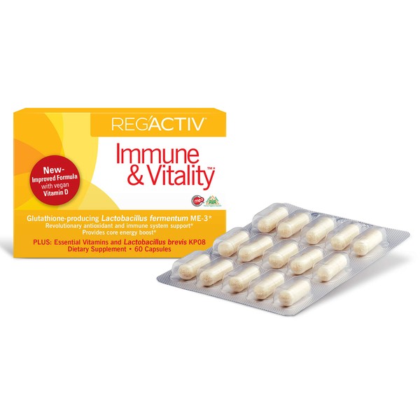 Reg'Activ Immune & Vitality with Lactobacillus fermentum ME-3, brevis KP08, Vegan Vitamin D3 and Vitamins C and B-Vitamins (B1, B2, B3 and B6) Essential for Health Maintenance
