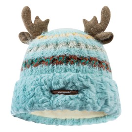 CLAPE Christmas Beanie Hat for Women Men, Cute Antlers Splicing Color Double-Layered Fleece Lined Winter Knitted Beanie Cap