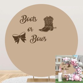 DORCEV 6.5x6.5ft Boots or Bows Round Backdrop Cover - Cowboy Cowgirl Kids Gender Reveal Party Decor Circle Backdrop Brown He or She Baby Shower Pregnancy Announcement Background Round Stand
