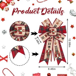 On-Airstore 2 pcs Christmas Wreath Bows Nutcracker Burlap Bows for Wreath, Red Buffalo Plaid Ribbon Bows Christmas Decor Bows for Home Indoor Outdoor Decoration Wreath Ornament Supplies