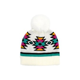 C.C Southwest Pattern Pom Beanie for Women Unisex - Stretchable Soft Warm with Faux Fur Pom Knit Winter Skully Hat (Ivory)