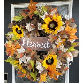 XL BLESSED Stunning Fall Thanksgiving Sunflower Floral Fall Brown Polka Dot Deco Mesh Front Door Wreath, Door Hanger, Country Home, Farmhouse Decoration, Porch Sign