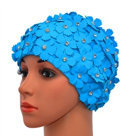 Medifier Manual Rhinestone Floral Petal Retro Style Swimming Cap Swimming Caps for Women Light Blue