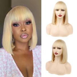 Huarisi 10 Inch Bonde Straight Human Hair Bob Wigs with Bangs 613 Short Bob Wig with Fringe None Lace Blonde Brazilian Bob Straight Wigs Human Hair for Women