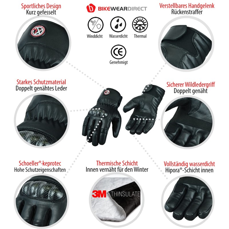 Texpeed Men's Leather Motorcycle Gloves - Waterproof Biker Moped Armoured