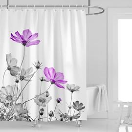 Kikiry Cortina de ducha de flores moradas de 60 pulgadas de ancho x 72 pulgadas de largo, gris y blanco, pintura de tinta floral, color gris, botánica, simple elegancia, cortinas de baño, 12 ganchos de plástico