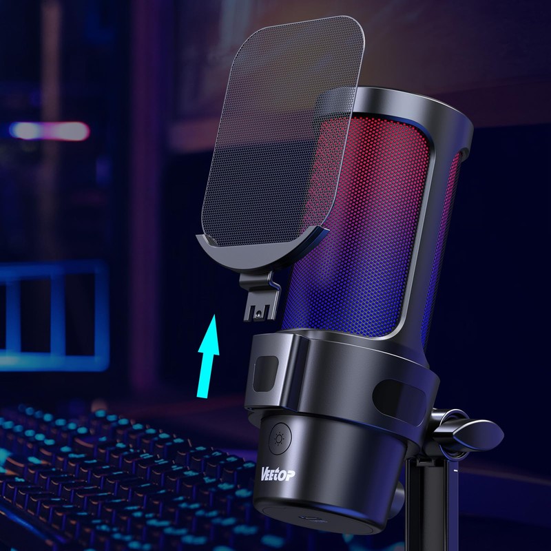 Veetop USB Condenser Microphone, Gaming Microphone, PC Microphone, RGB Lighting,