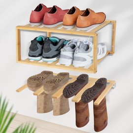 JAYOBGO Boot Hangers Hanging Shoe Rack Wall Mounted Floating Tall Boot Holder, Bamboo Wader Organizer 3-Tier Display Shoe Rack, Holds 6 Pairs, for Entryway, Hallway, Bedroom, Garage