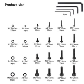 woshilaoDS 1230 Piece M2 M3 M4 M5 Screws Set, Cylinder Screws with Hexagon Socket Screws Set, Screws and Nuts and Washers Assortment Set, Black Hexagon Head Thread Screws Set