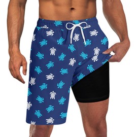 Men Board Shorts with Compression Liner Long Blue White 9" Swim Trunks Men Sea Turtle Quick Dry Beach Shorts YouthBathing Suits Cycling Sports Shorts with Pockets L