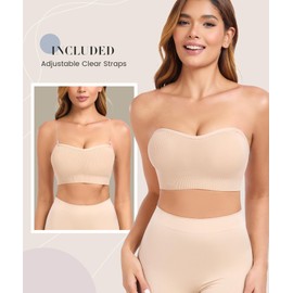 Finduself Strapless Bras for Women Non-Slip Padded Bandeau Bra Wireless Tube Top Bra Including Clear Straps