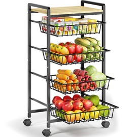 TOOLF 5-Tier Kitchen Cart with Tabletop, Rolling Snack Cart with Lockable Wheels, Fruit Vegetable Storage Basket with 4 Pack Mats, Metal Storage Rack with Pull-Out Pantry Cart for Organizer