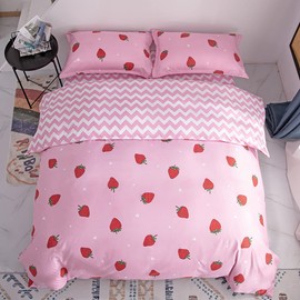 Morbuy Single Duvet Cover Set Girls Strawberry Bedding Set 3pcs, Soft Comfy Microfiber Fruit Geometry Reversible Duvet Cover with 2 Pillow Cases (Single-135x200CM, Foundation strawberry)