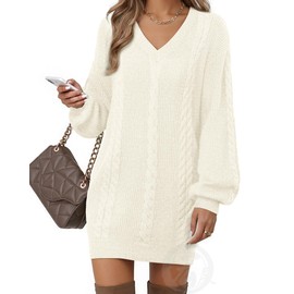 VAFOLY Sweater Dresses for Women 2025：Fall Dress - V Neck Loose Fit Long Lantern Sleeve Top for Womens - Ribbed Knit Dress with Skirt Versatile Everyday Activities Looks Stylish Beige XS