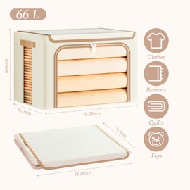 Yecaye Clothes Storage Bins with Metal Frame, Foldable Clothing Storage Bin with Lid, Stackable Oxford Fabric Organizer Box With Clear Window & Zippers & PU Leather Handles (3 Pack,Beige,66L)