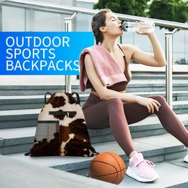 AYBELWG Drawstring Backpack Sports Gym Bag, Large String Swim Bag for Beach With Water Bottle Mesh Pocket, Cute Gym Sack with Zipper Pocket for Men Women Cute Cow Hide