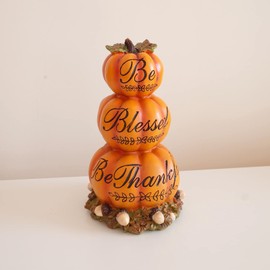 Etistta Fall Harvest 3 Layers Pumpkin Thanksgiving Decor, 9 inch Polyresin Pumpkin Figurine Harvest Autumn Thanksgiving Decoration, Carved with Be Blessed, Be Thankful
