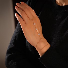 Xmsrn Vintage Layered Pearl Finger Ring Bracelet Gold Pearl Station Slave Bracelet Hand Chain Boho Pearl Wrist Chain Bracelet Layering Station Pearl Hand Chain Bracelet For Women, Zinc, No gemstone