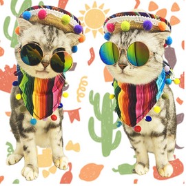 Mexican Pet Costume Multicolor Cinco De Mayo Cat Bandana 9 PCS Mexican Dog Triangle Bib Mexican Pet Bandanna Sunglasses Mexico Dog Sombrero Hat Pet Mustache Decoration for Dog
