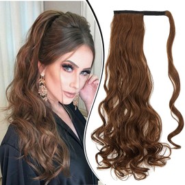 Dcbaboo Ponytail Hairpiece Braid Extensions, Wavy Long, 60 cm, Wrapped Ponytail Extension, Hair Extension Braid Clip-In Synthetic Curls, Ponytail Extension, Wavy, Medium Brown & Auburn