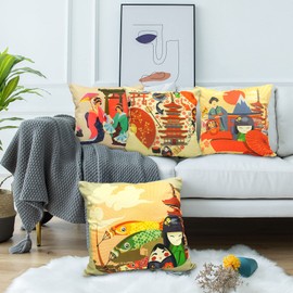 LIGICKY Cotton Linen Decorative Throw Pillow Cover, Print Square Pillow Cases Cushion Covers for Couch Sofa Bed Home Decor (18x18 Inches, Set of 4) (Japanese Cartoon Style)