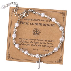 First Communion Bracelets for Women, Pearl Cross Bracelet First Holy Communion Baptism Jewelry for Female Friend