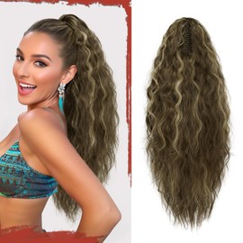 Sofeiyan Ponytail Hairpiece with Clip, 56 cm Long Wavy Curly Ponytail Extension Claw Clip-In Synthetic Hair Extension Braid for Women, Light Brown with Beige Blonde Highlights